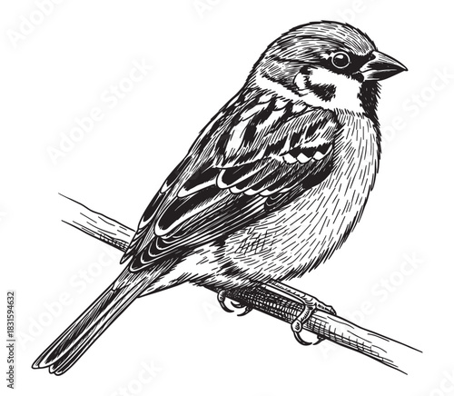 Detailed black and white sparrow illustration perched on a small branch in a classic engraving style, showing intricate feather texture and a calm, observant expression