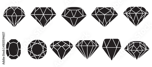Collection of black diamond gemstone icons in various shapes and cuts, presented as a minimalist graphic vector set for jewelry and luxury design concepts