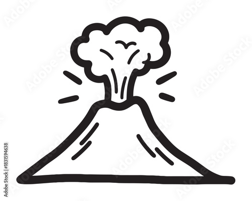 Erupting volcano icon in a simple black and white hand-drawn doodle style, showing a powerful explosion with a large cloud of smoke and ash coming from the crater