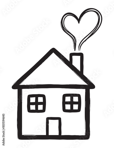 Hand-drawn black outline illustration of a house with heart-shaped smoke coming from its chimney, symbolizing love, family, and home comfort in a simple, sketchy style
