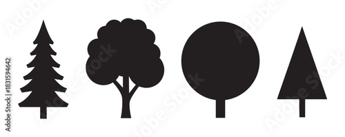 Four black tree silhouettes in various graphic styles, including coniferous and deciduous shapes, presented as a simple icon set for nature and environmental concepts