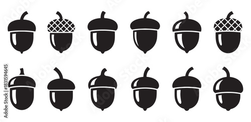 Set of twelve black acorn silhouettes in a minimalist vector style, featuring different shapes and cap textures in a clean graphic design collection for nature concepts