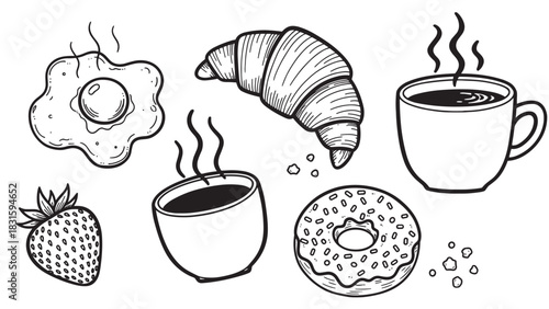 Collection of hand-drawn breakfast food icons including a steaming fried egg, a flaky croissant, hot coffee, a fresh strawberry, and a sprinkled donut in a simple monochrome sketch