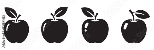 Four black apple icons in a set showing simple fruit silhouettes with a stem and leaf, representing healthy food in a clean, minimalist graphic vector illustration style