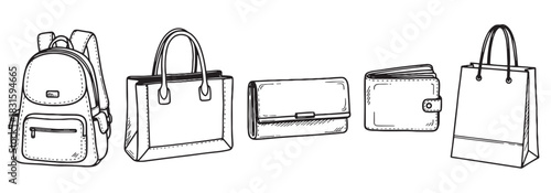 Collection of hand-drawn bags and wallets including a backpack, tote, clutch, and shopping bag in a simple black and white line art sketch style illustration for fashion concepts