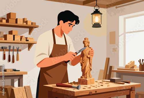 A craftsman in a workshop carves a wooden statue with a knife. Shelves hold wood blocks, tools