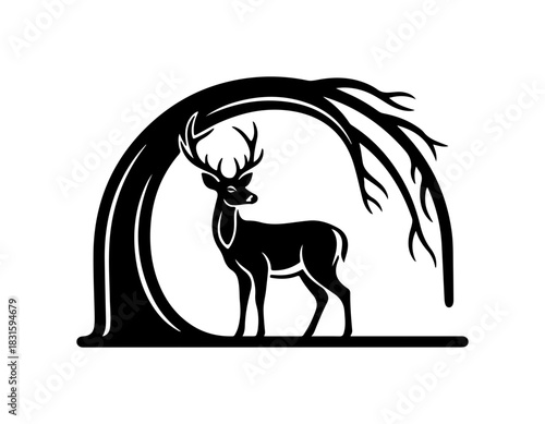 Elegant deer silhouette under tree branches, nature and wildlife concept