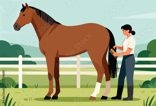 Illustration depicts a horse being groomed in a field by a person. Fence and greenery complete the scene