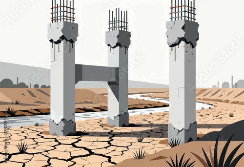 Illustration depicting cracked earth and bridge supports in a dry landscape, unfinished construction