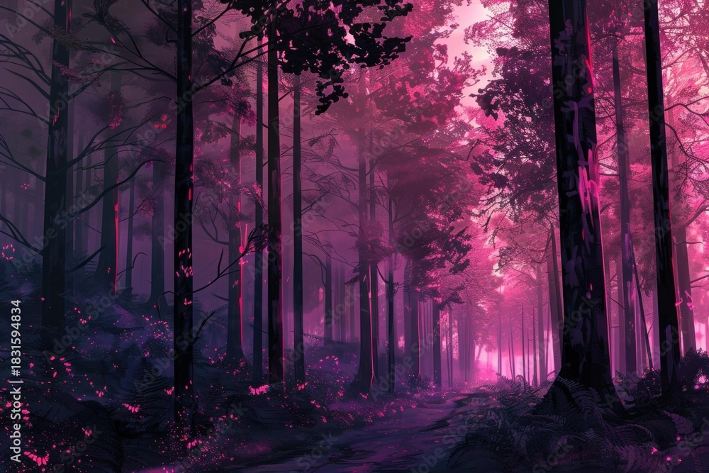 Naklejka premium Surreal fantasy landscape with glowing flora and pink mist in a dark enchanted forest