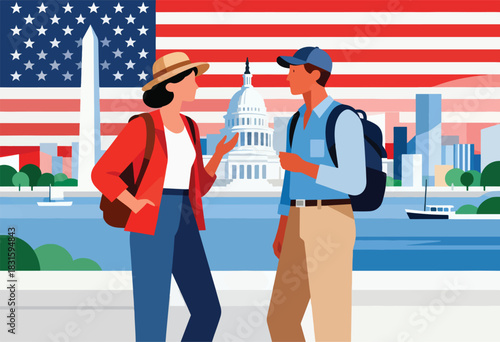 Illustration depicts two people conversing, set against a cityscape backdrop with American flag, landmarks