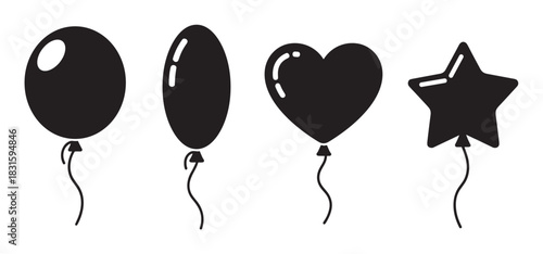 Four black party balloon silhouettes in various shapes including round, oval, heart, and star, depicted as a simple graphic icon set for celebration and festive event decoration