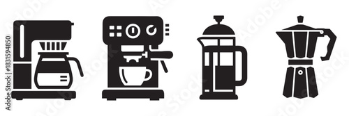 Four black coffee maker icons showing a drip machine, espresso maker, french press, and moka pot in a minimalist graphic style for beverage and kitchen appliance concepts