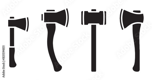 Black silhouette icon set of axes and a sledgehammer for woodworking and construction, featuring various designs of hatchets and mauls in a simple, graphic vector illustration style