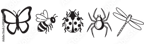 Collection of hand-drawn insect doodles featuring a butterfly, bee, ladybug, spider, and dragonfly in a simple black and white cartoon sketch style for nature designs