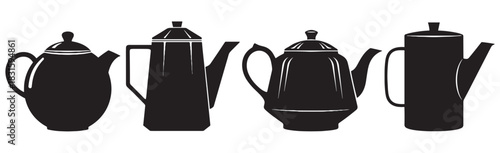 Four black teapot and coffee pot silhouettes in a row, showcasing a collection of various classic and modern kitchenware designs in a minimalist graphic vector style illustration