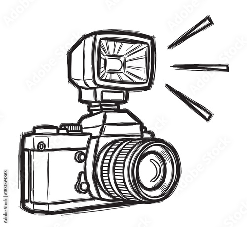 Hand-drawn vintage film camera with an external flash unit firing a bright burst of light, depicted in a black and white sketchy doodle style