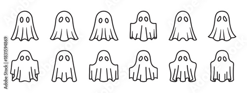 Set of cute ghost icons in a simple black and white line art style for Halloween, featuring various spooky and funny phantom characters in a collection for festive decoration