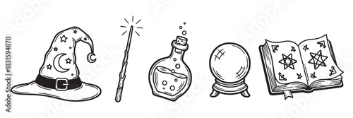 Set of hand-drawn magic wizard items including a pointed hat, sparkling wand, potion bottle, crystal ball, and an open spellbook in a black and white doodle style