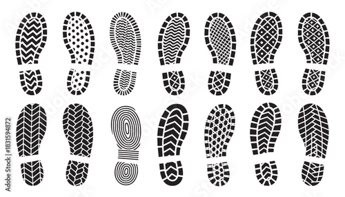 Large collection of black shoe prints showing various sole patterns from different footwear types like boots and sneakers in a clean graphic vector illustration style
