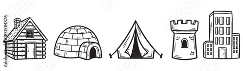Collection of various hand-drawn houses and shelters, including a log cabin, igloo, tent, castle tower, and city building, in a simple black and white doodle illustration style
