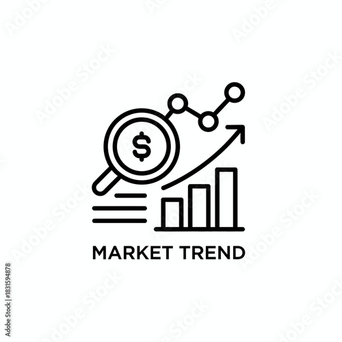 Market trend analysis icon concept, illustrating financial growth, business forecasting, and economic data insights with upward charts and a magnifying glass