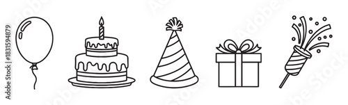 Collection of hand-drawn birthday party icons including a balloon, cake with candle, festive hat, gift box, and confetti popper in a minimalist line art vector style