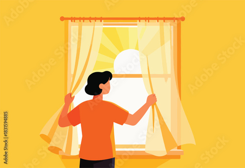 Illustration of a person opening curtains to view bright sunlight streaming in. Yellow and orange hues dominate