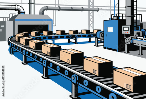 Stylized illustration of a factory conveyor belt moving boxes. Various industrial machines are on the background