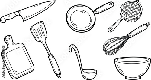 Hand-drawn collection of kitchen utensils, cookware, and culinary elements like pots, pans, knives, plates, and food splashes in a detailed doodle style on white.