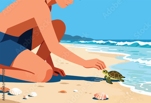 A person on the beach observes a small turtle heading toward the ocean, surrounded by shells