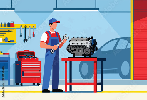 Mechanic in a garage holds wrench, engine on table, tools, cabinet, car silhouette, and roller door