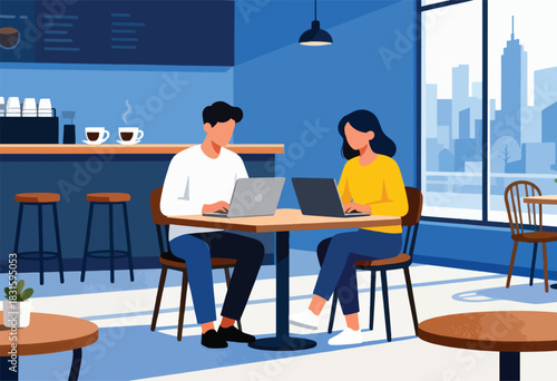 A digital illustration showcases a coffee shop scene with a couple working on laptops near a cityscape view