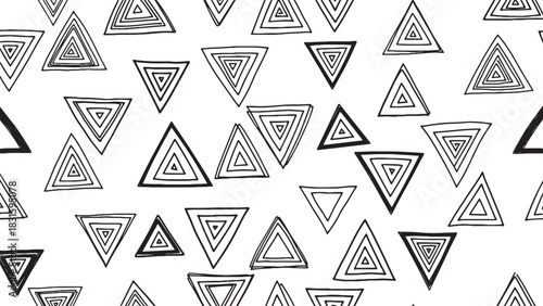 Hand-drawn black and white seamless pattern with sketchy concentric triangles creating a minimalist, abstract, and chaotic geometric design for modern textile or wallpaper