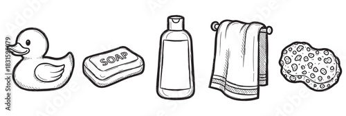 Set of hand-drawn bathroom accessories including a rubber duck, soap bar, shampoo bottle, towel, and sponge in a black and white doodle style illustration for hygiene concepts