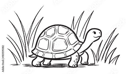 Cute black and white cartoon turtle drawing for a children's coloring book page with a friendly smiling reptile walking through blades of grass in a simple hand-drawn style
