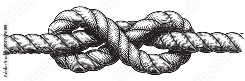 Black and white vintage illustration of a thick rope tied in a secure reef knot, rendered in a detailed hand-drawn woodcut style representing unity and a strong bond