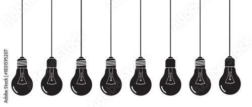 Set of black hanging light bulbs in a row with alternating silhouette and outline styles representing ideas, innovation, and creative thinking in a minimalist graphic design