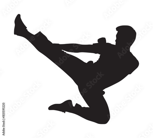Black silhouette of a martial artist performing a powerful flying side kick in a dynamic and energetic pose, showcasing strength and agility in a minimalist graphic style