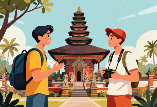 Two tourists, one with a backpack and one with a camera, explore a traditional pagoda in a tropical setting