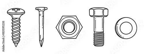 Hardware fasteners set with a screw, nail, nut, bolt, and washer shown in a simple black and white hand-drawn sketch style for do-it-yourself and building projects
