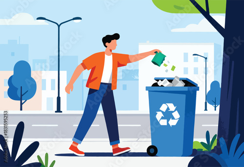 Illustration of a person recycling in a city setting. Streetlights, trees, and buildings are also present