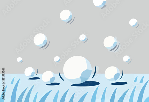 A stylized illustration features white sphere objects that appear to be bouncing above a blue, textured ground