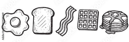 Hand-drawn breakfast food icons set with a fried egg, toast, bacon, waffle, and pancakes with syrup in a black and white doodle sketch style illustration