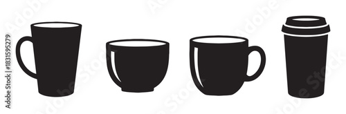 Collection of black coffee mug and cup icons in various shapes and sizes, including a travel tumbler, presented in a minimalist graphic style as a simple vector illustration set