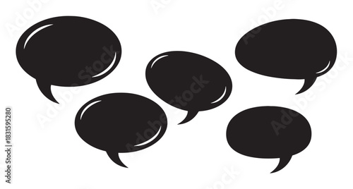 Five black comic book style speech bubbles with glossy highlights are arranged in a scattered composition, symbolizing dialogue, communication, or expressing ideas