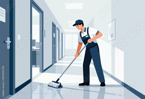 A janitor mops a glossy hallway. Doors line the sides, and a window shows daylight. Cleanliness and maintenance depicted
