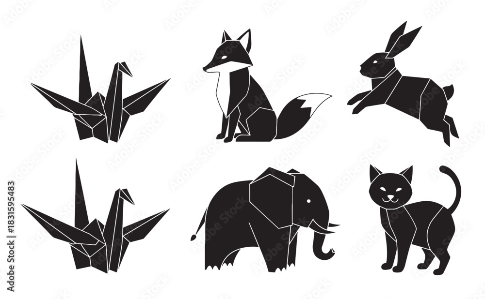 Fototapeta premium Set of six black animal silhouettes designed in a modern, geometric, and minimalist origami style, featuring a paper crane, fox, rabbit, elephant, and a cute cartoon cat