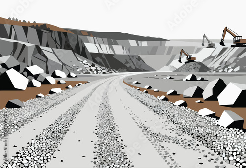 A stylized illustration of a quarry with a winding road and excavators, in a muted color palette