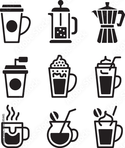 Black and White Coffee Drink and Maker Icons Set